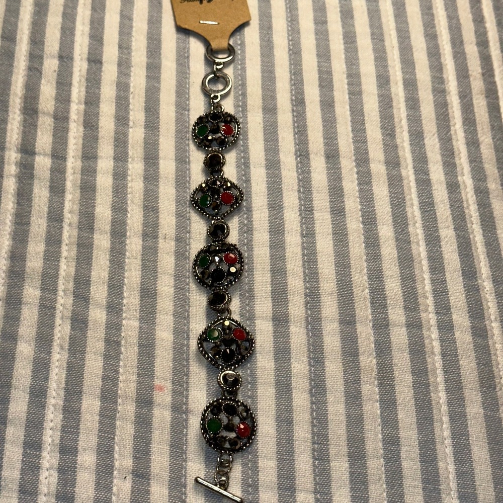 Vintage Style Red Green Black Rhinestone Silver Tone Toggle‎ Link Bracelet NWT